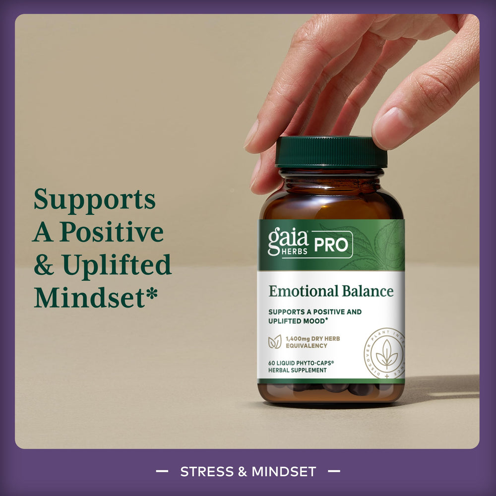 Gaia Herbs PRO Emotional Balance herbal blend showing key ingredients for calming support.