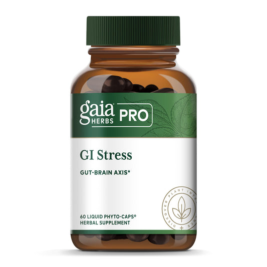 Gaia Herbs PRO GI Stress bottle label showing digestive support blend