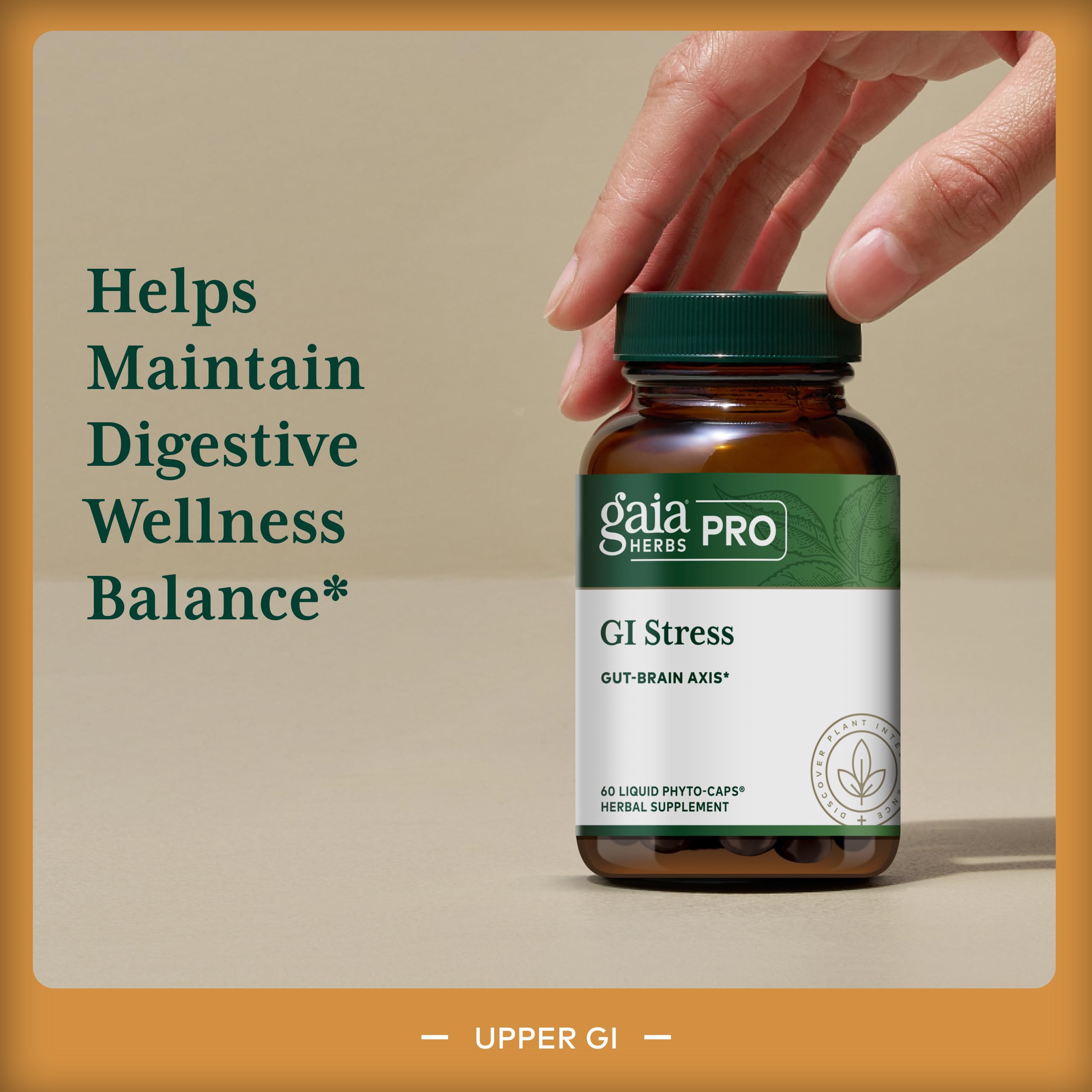 Gaia Herbs PRO GI Stress Holy Basil bottle highlighting stress adaptation