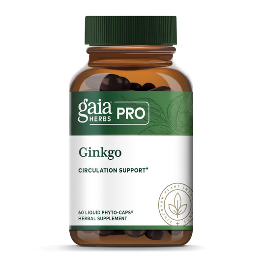 GAIA Herbs Pro ginkgo leaf extract bottle with label, supports healthy blood flow.