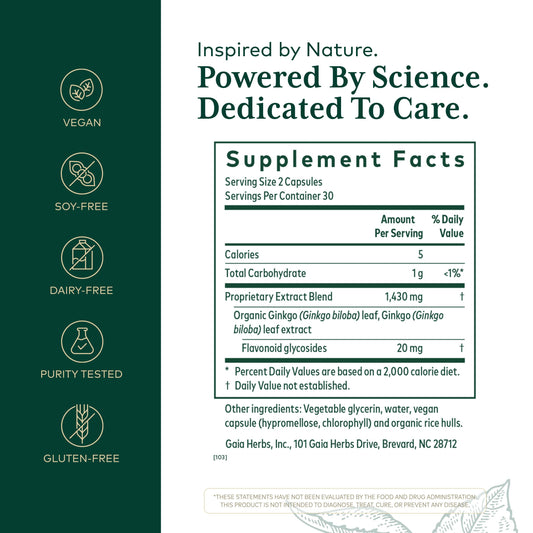 GAIA Herbs Pro ginkgo leaf extract capsules, convenient daily brain support.