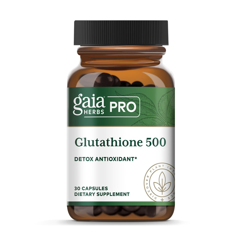 Gaia Herbs PRO Glutathione 500 bottle ready for daily antioxidant support.