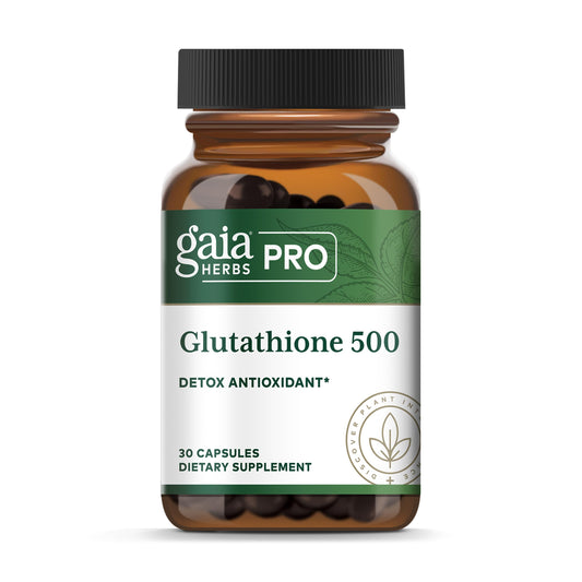 Gaia Herbs PRO Glutathione 500 bottle ready for daily antioxidant support.