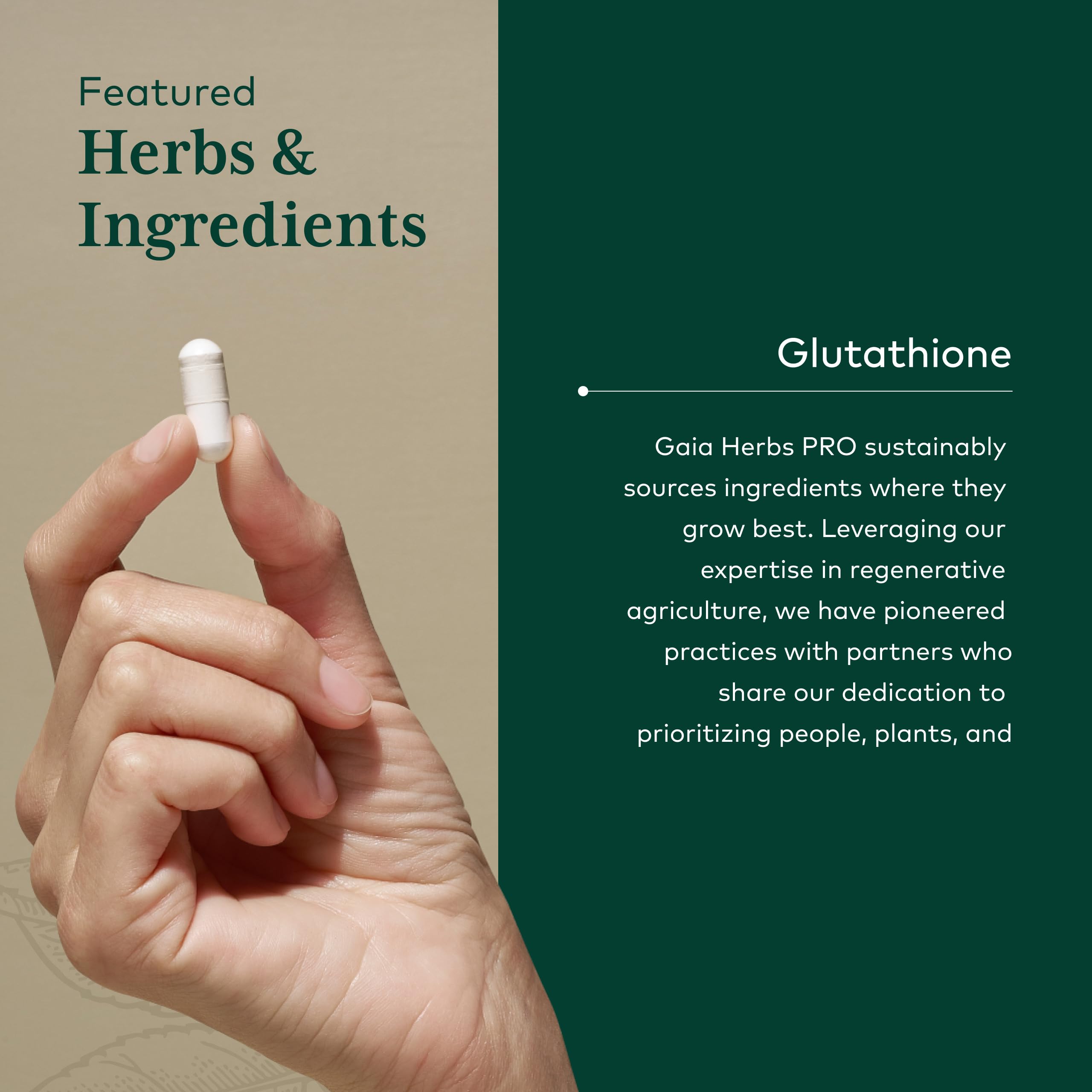 Gaia Herbs PRO Glutathione 500 on regenerative organic farm origin.