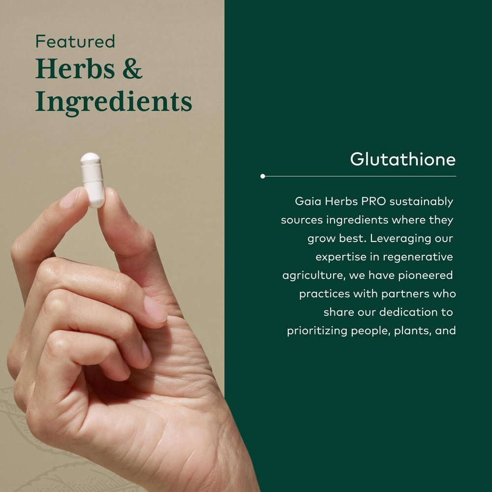 Gaia Herbs PRO Glutathione 500 on regenerative organic farm origin.