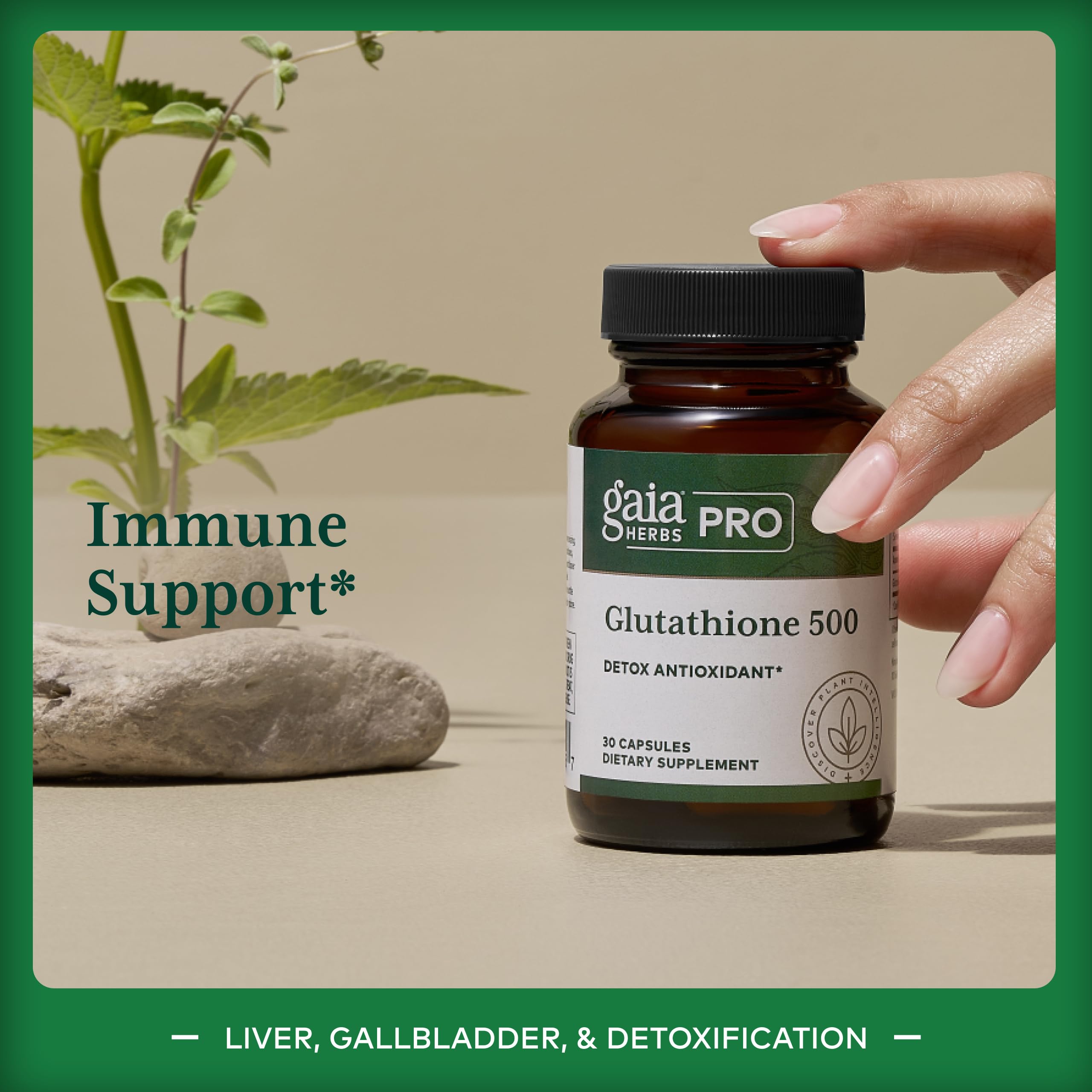 Gaia Herbs PRO Glutathione 500 label highlighting vegan, gluten-free formulation.