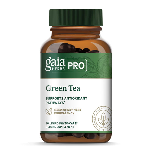 Gaia Herbs PRO green tea bottle with capsules for daily heart health support.
