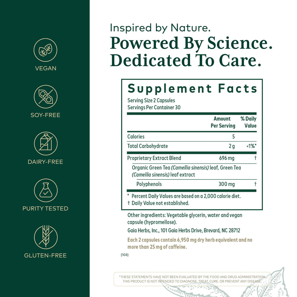 Gaia Herbs PRO green tea leaf extract close-up highlighting polyphenols.