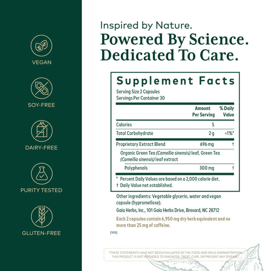 Gaia Herbs PRO green tea leaf extract close-up highlighting polyphenols.