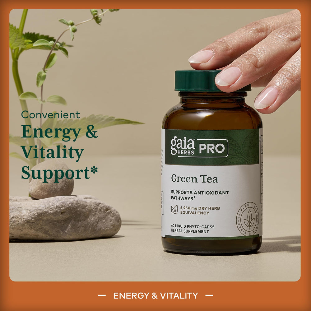 Gaia Herbs PRO green tea phytocaps image showing vegan capsules.