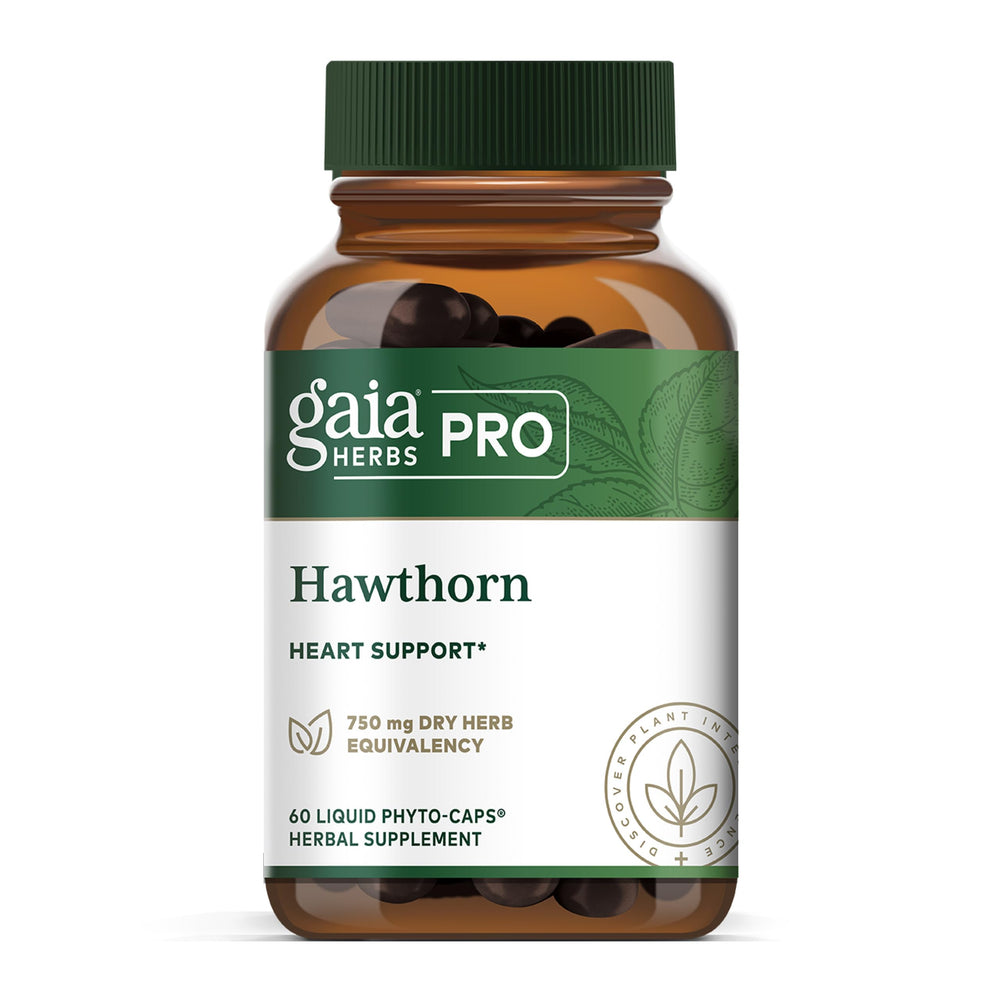 GAIA Herbs Pro Hawthorn bottle label highlights organic ingredients for heart support