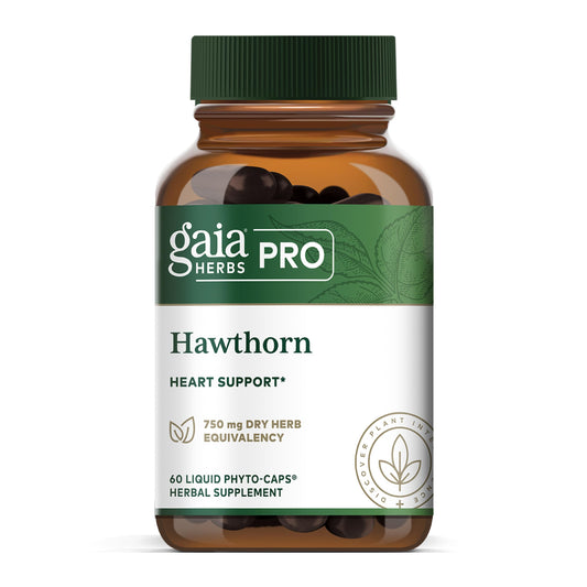 GAIA Herbs Pro Hawthorn bottle label highlights organic ingredients for heart support