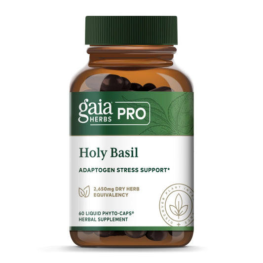 Gaia Herbs PRO Holy Basil bottle showing daily stress support option