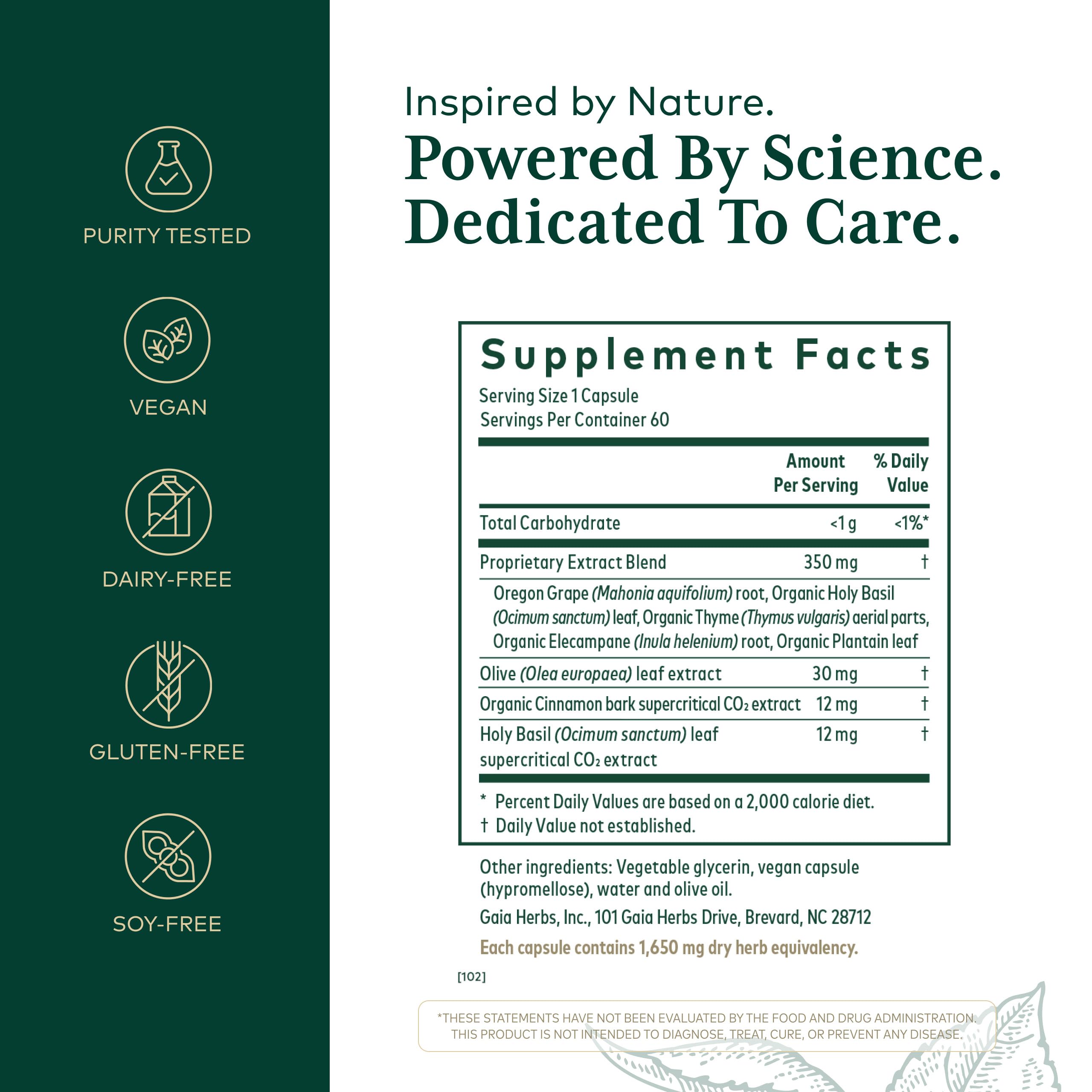 Gaia Herbs PRO Holy Basil leaf capsule highlights plant-based digestive comfort