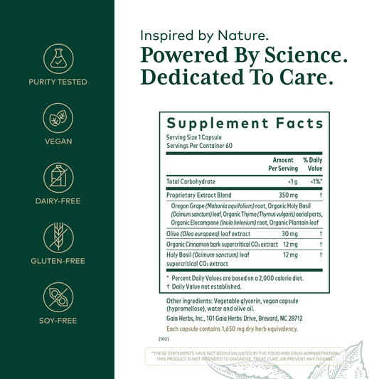 Gaia Herbs PRO Holy Basil leaf capsule highlights plant-based digestive comfort