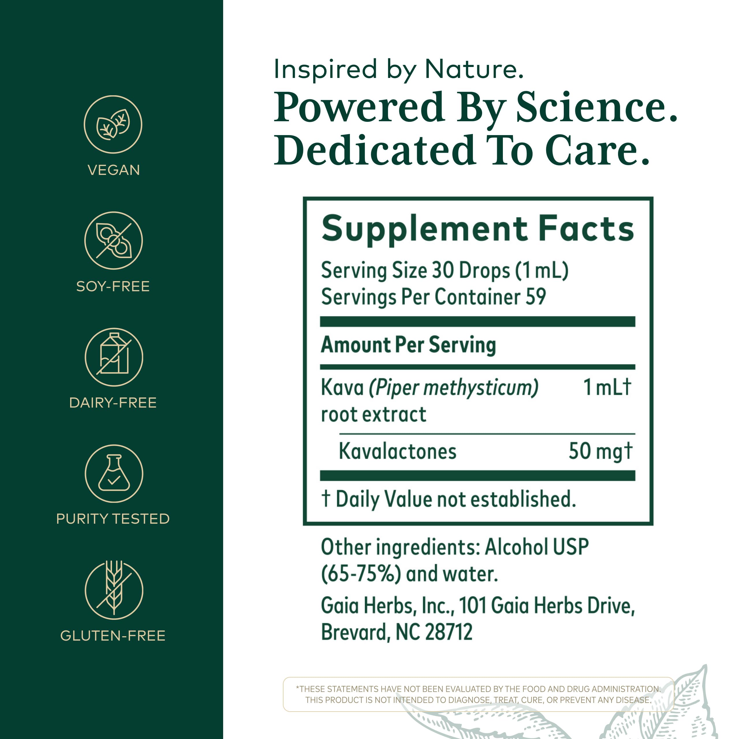 Gaia Herbs PRO Kava 50 bottle label close-up with kavalactones information