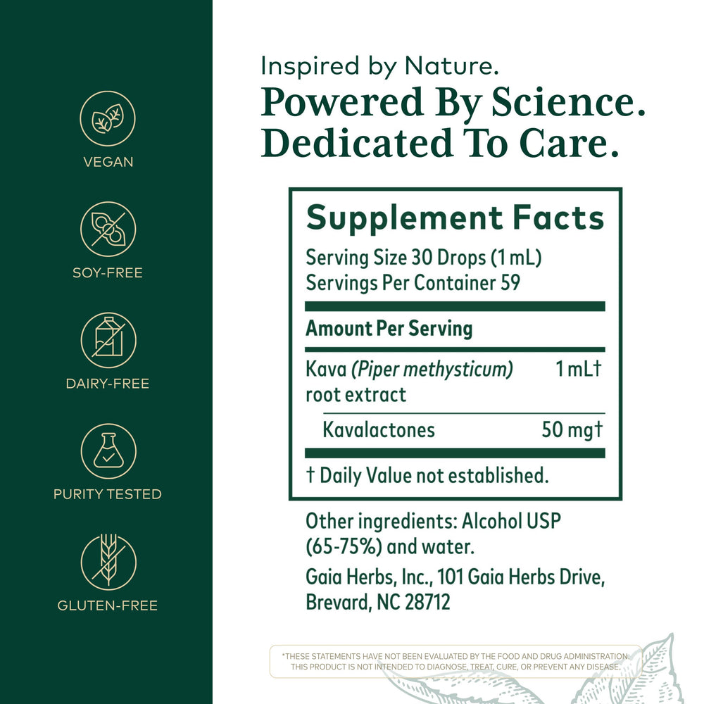 Gaia Herbs PRO Kava 50 bottle label close-up with kavalactones information