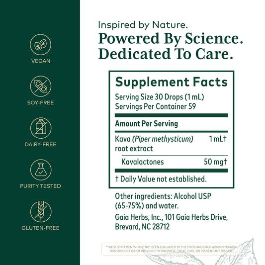 Gaia Herbs PRO Kava 50 bottle label close-up with kavalactones information