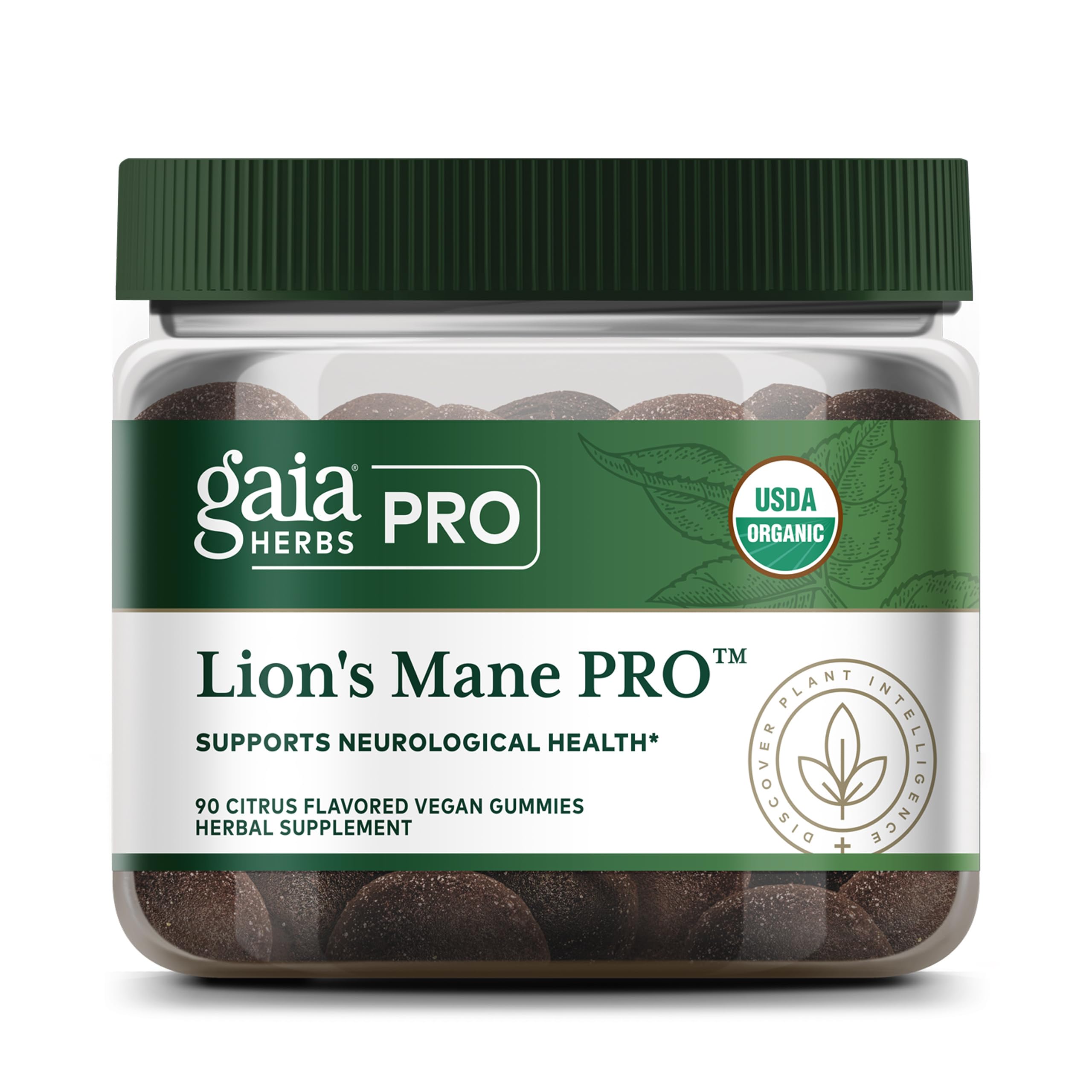 Gaia Herbs Pro Lions Mane Gummies bottle promotes vegan, organic brain support.