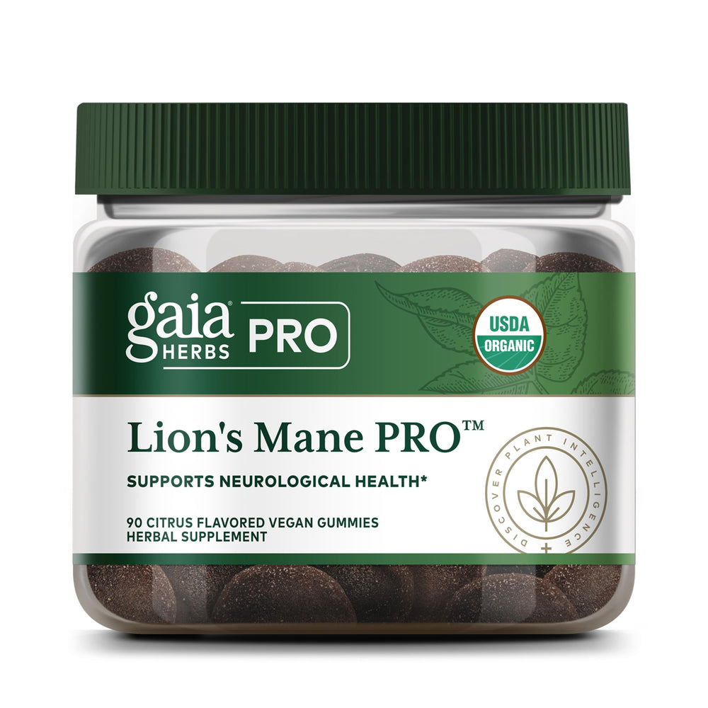 Gaia Herbs Pro Lions Mane Gummies bottle promotes vegan, organic brain support.