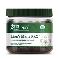 Gaia Herbs Pro Lions Mane Gummies bottle promotes vegan, organic brain support.