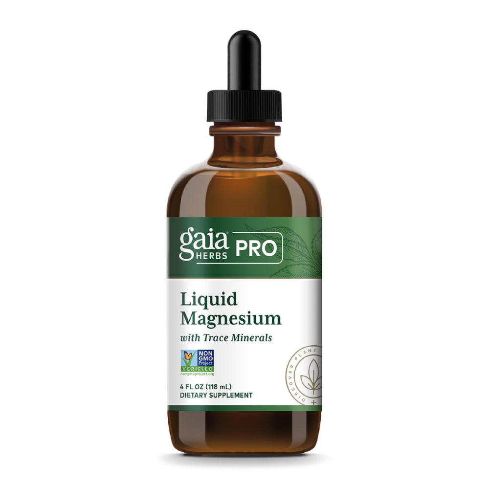Gaia Herbs PRO Liquid Magnesium bottle front showing label and trace minerals for energy support