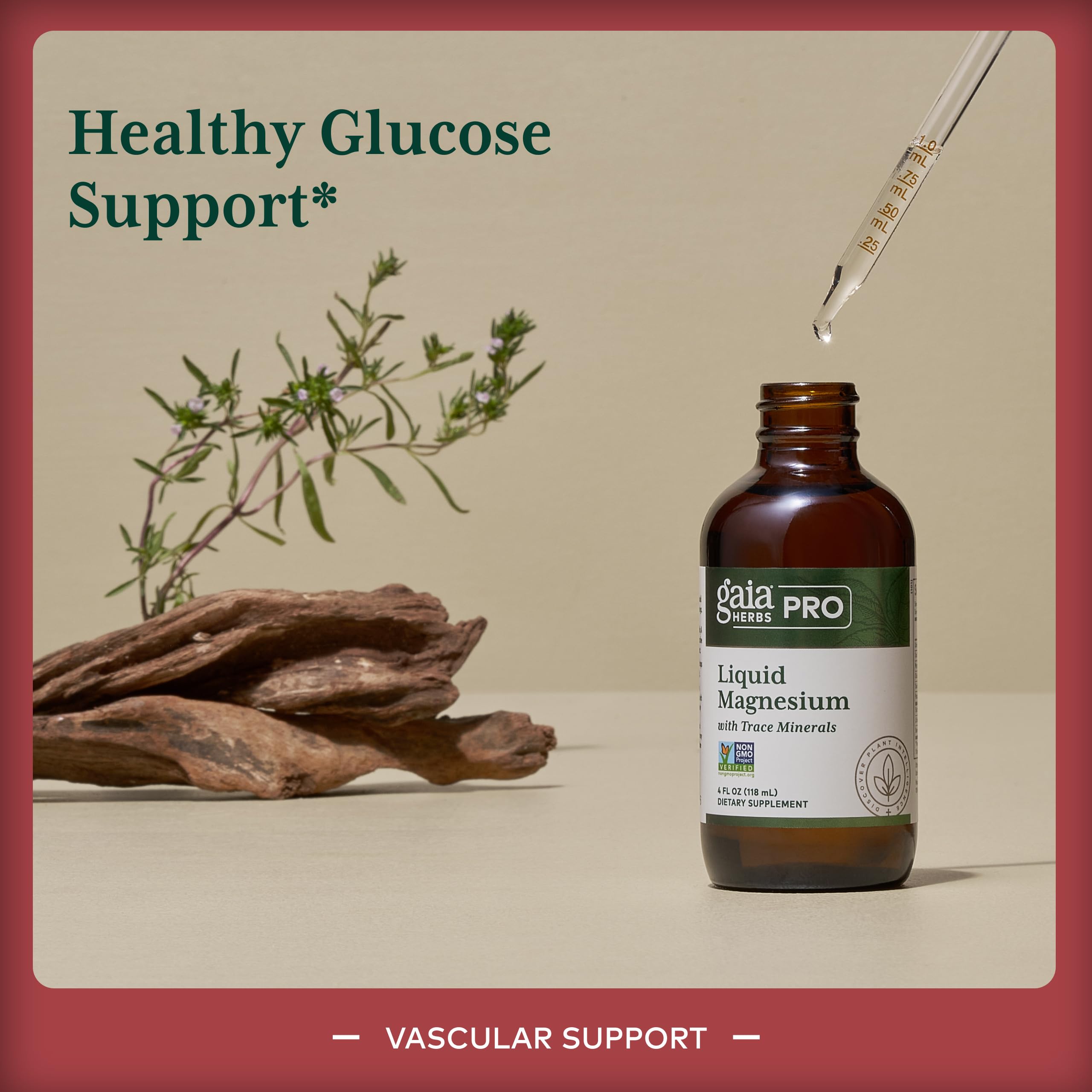 Gaia Herbs PRO Liquid Magnesium bottle close-up with ingredients and potency details