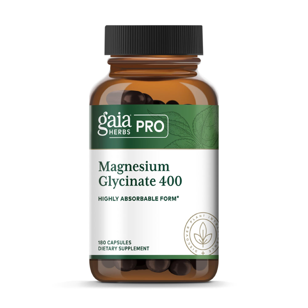Gaia Herbs PRO Magnesium Glycinate 400mg bottle for daily relaxation and energy support