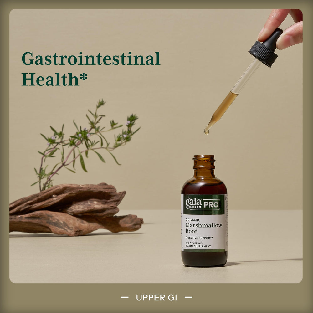 GAIA Herbs PRO marshmallow root label close-up highlights organic ingredients for purity