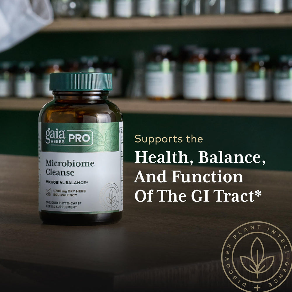 GAIA Herbs Pro Microbiome Cleanse packaging shows regenerative organic farm origin.