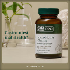 GAIA Herbs Pro Microbiome Cleanse label detail emphasizes organic oregano and wormwood ingredients.