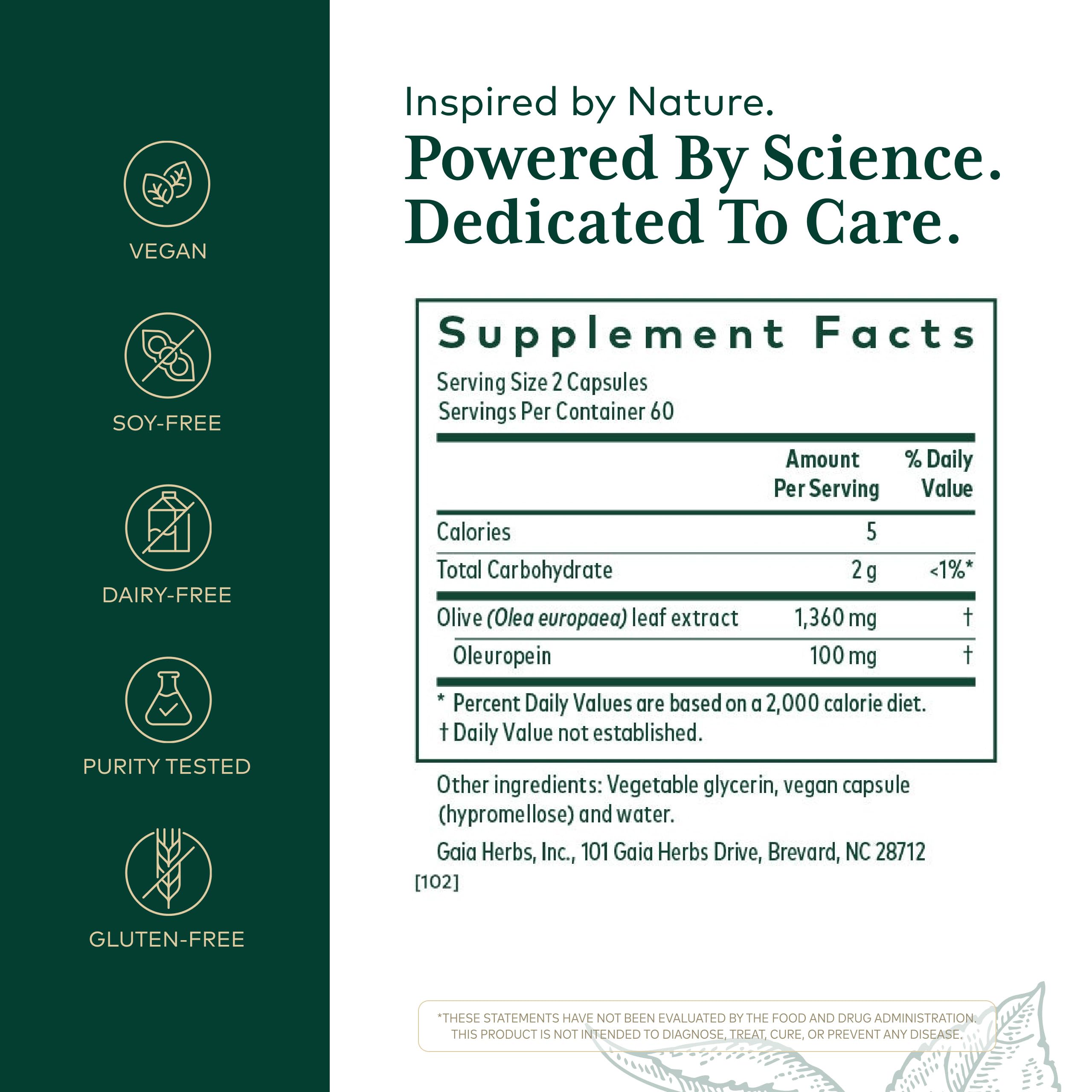 Gaia Herbs PRO Olive Leaf 1360 label highlights oleuropein concentration.
