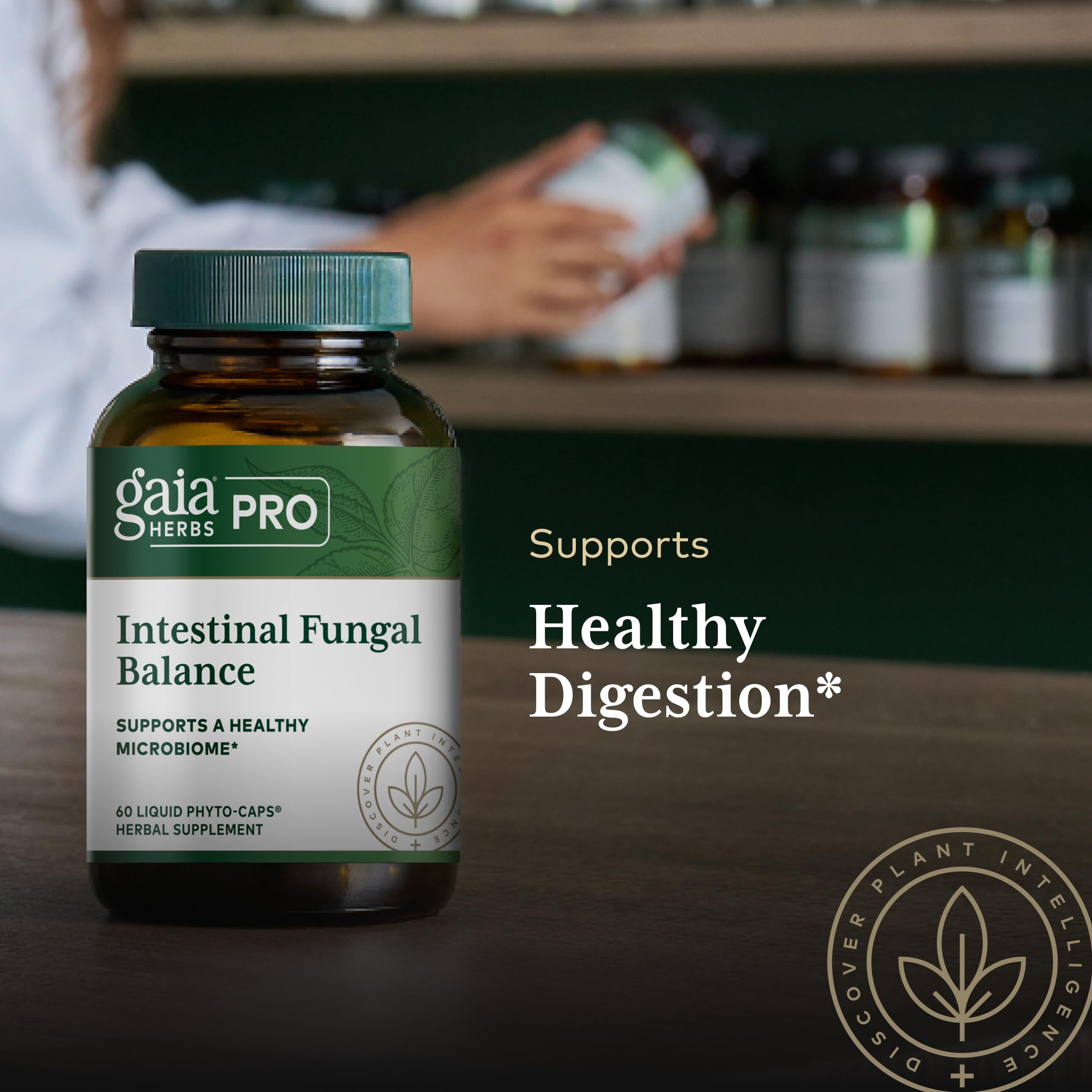 Gaia Herbs PRO Olive leaf extract bottle highlights synergy for gut balance