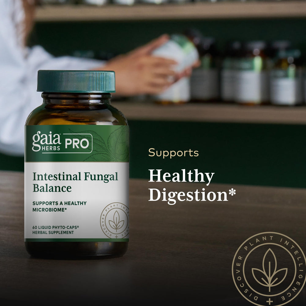 Gaia Herbs PRO Olive leaf extract bottle highlights synergy for gut balance