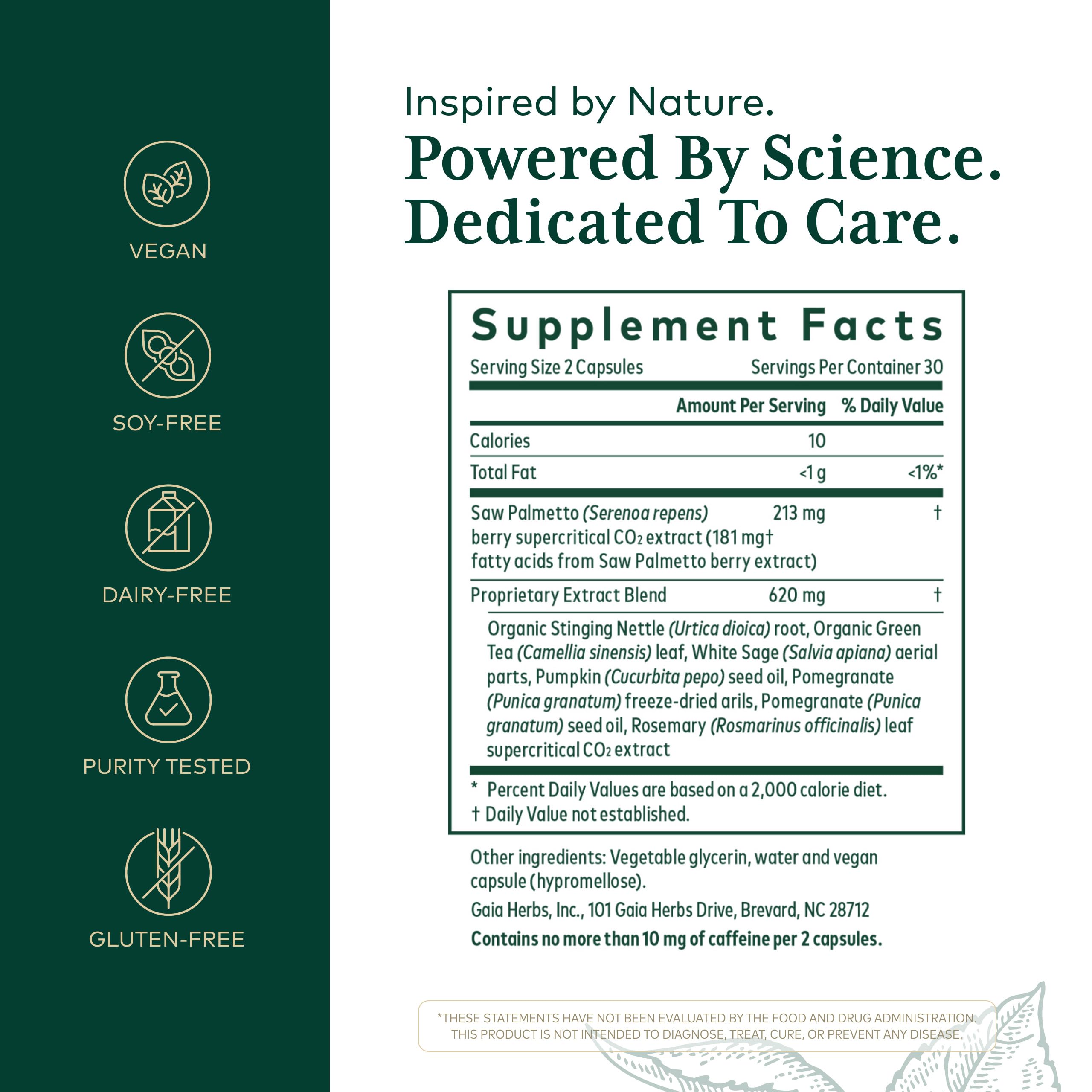 Gaia Herbs PRO Prostate Formula label closeup highlights saw palmetto and nettle root.