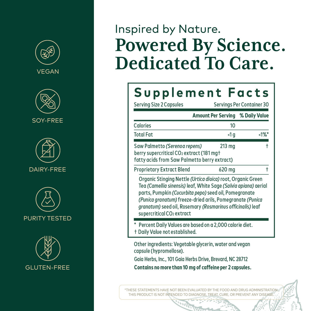 Gaia Herbs PRO Prostate Formula label closeup highlights saw palmetto and nettle root.
