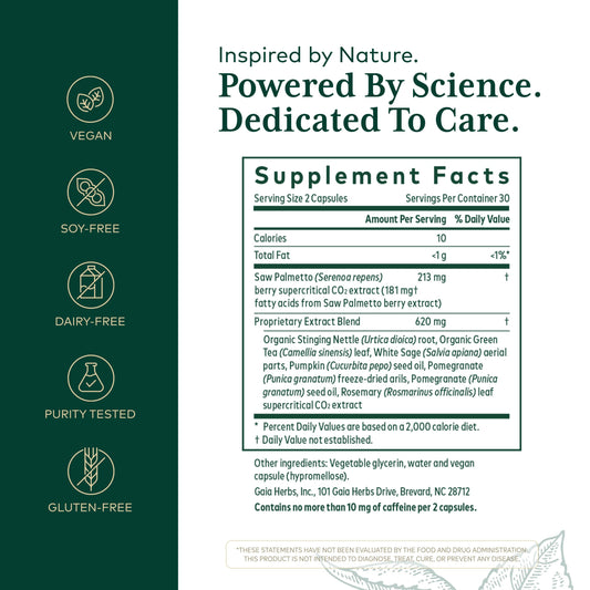 Gaia Herbs PRO Prostate Formula label closeup highlights saw palmetto and nettle root.