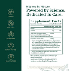 Gaia Herbs PRO Prostate Formula label closeup highlights saw palmetto and nettle root.