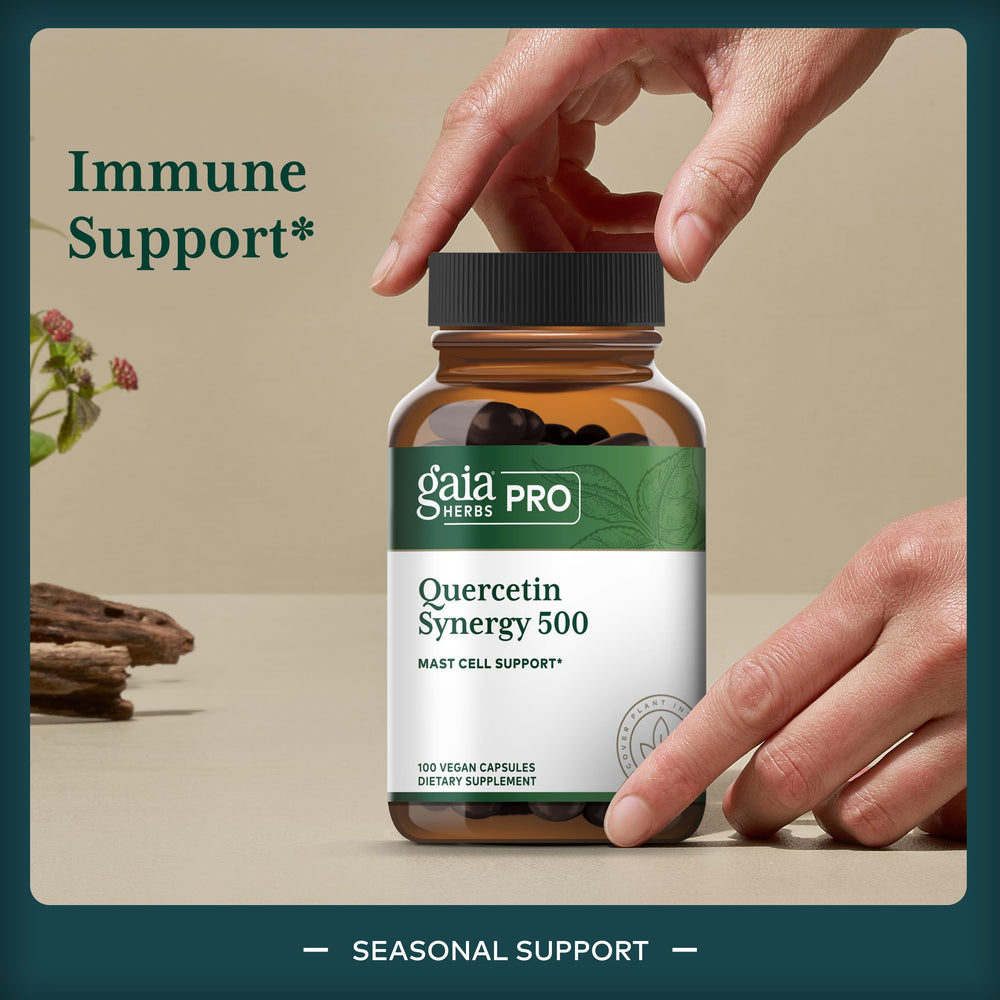 GAIA Herbs PRO Quercetin Synergy 500 label detail shows quercetin, bromelain, turmeric blend