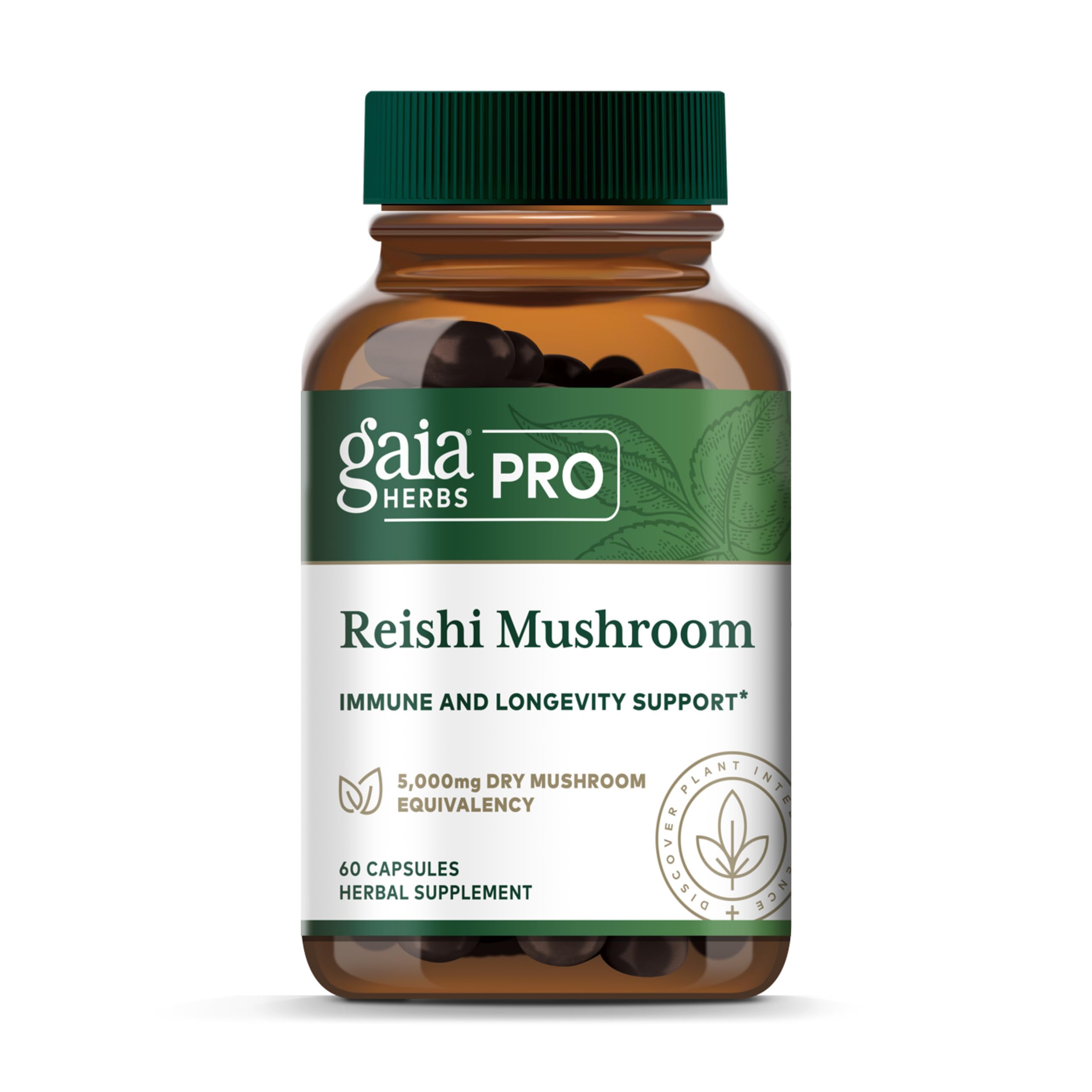 Gaia Herbs PRO Reishi bottle front showing immune support and daily vitality.