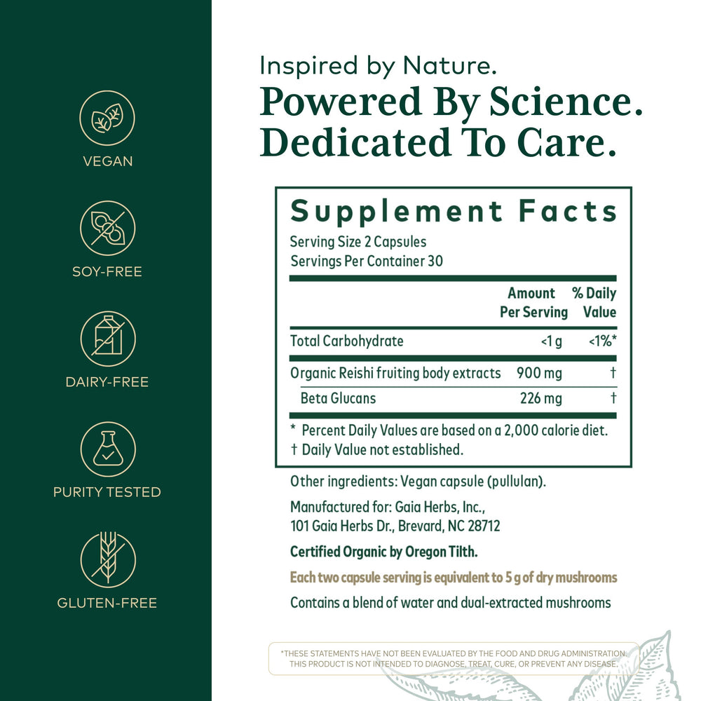 Gaia Herbs PRO Reishi capsules close-up for easy daily adaptogenic use.