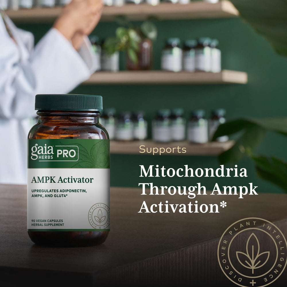 Gaia Herbs PRO AMPK Activator label with resveratrol antioxidant notes.