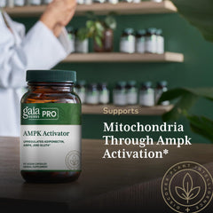 Gaia Herbs PRO AMPK Activator label with resveratrol antioxidant notes.