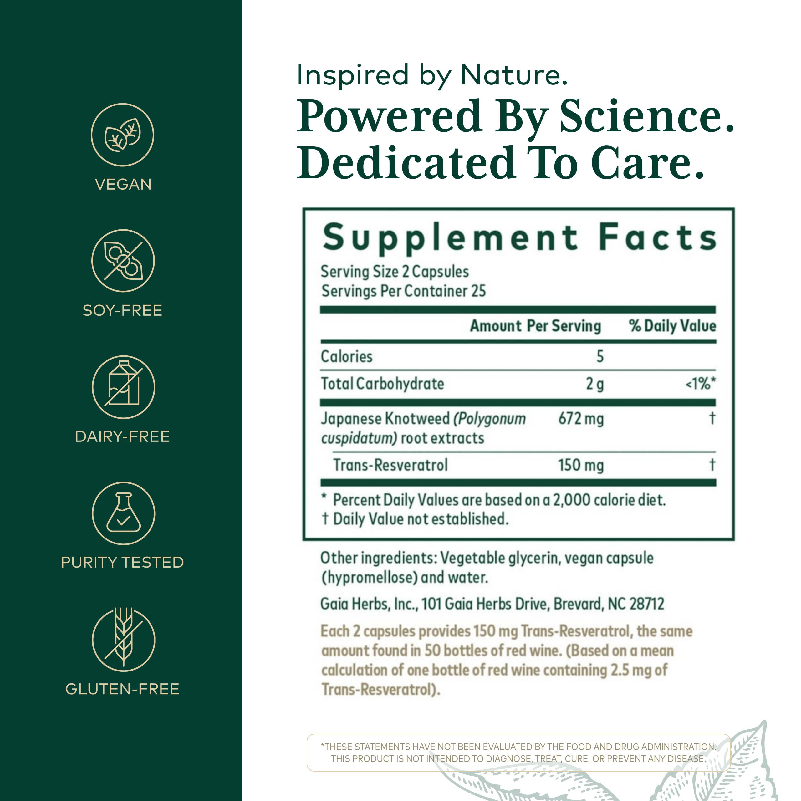 GAIA Herbs Pro Resveratrol 150 bottle back with dosage and ingredient notes