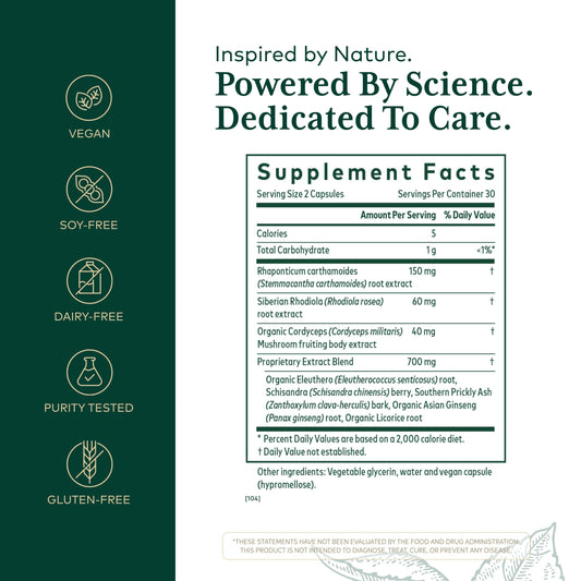 Gaia Herbs Pro Revive HPA capsules close-up highlighting herbal blend for balanced energy.