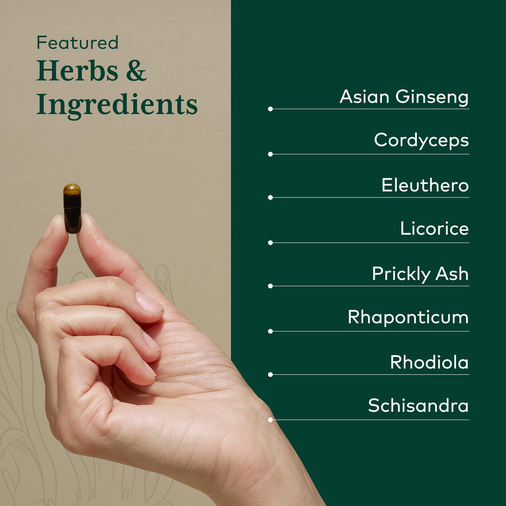 Gaia Herbs Pro Revive HPA cordyceps close-up emphasizing adaptogenic focus.