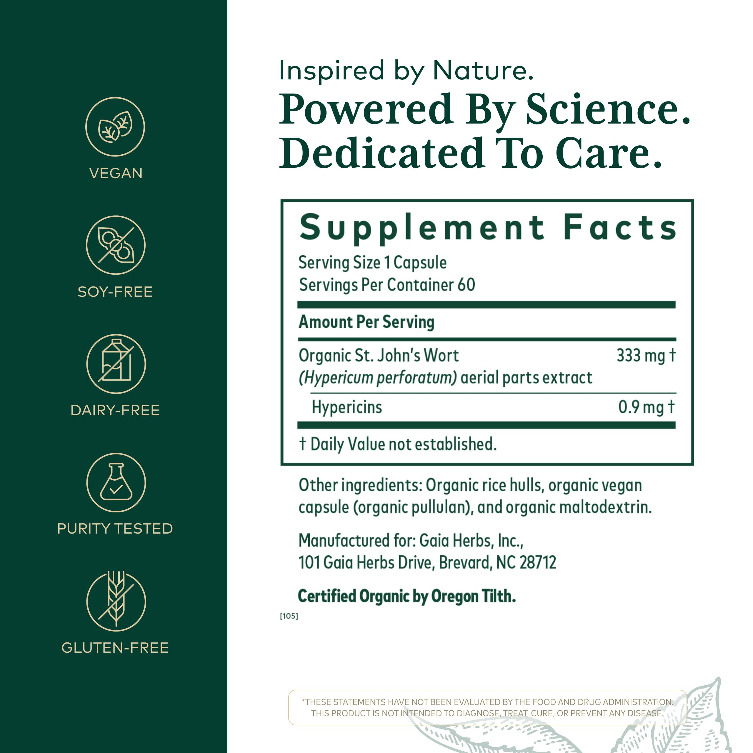 Gaia Herbs PRO St. John's Wort label highlights potency and ingredient details