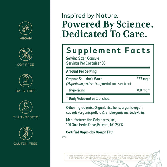 Gaia Herbs PRO St. John's Wort label highlights potency and ingredient details
