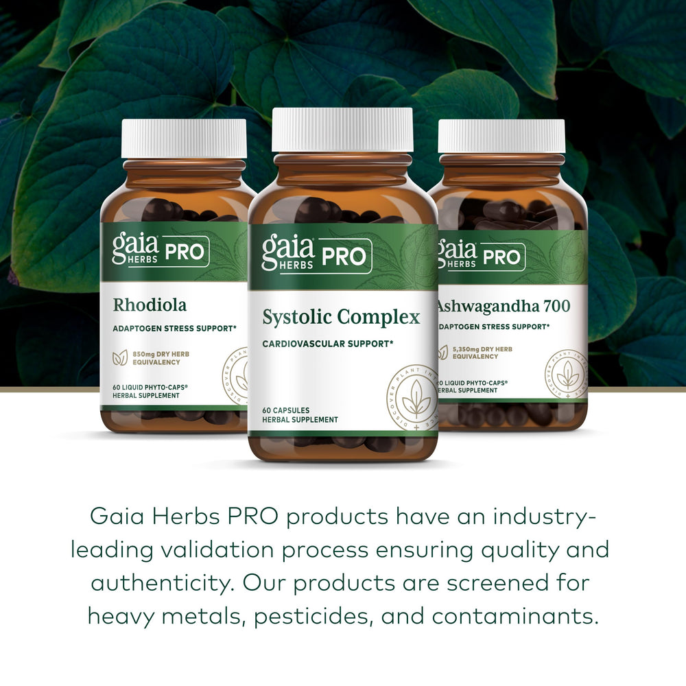 Gaia Herbs PRO Systolic Complex label close-up highlighting testing and potency.