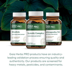 Gaia Herbs PRO Systolic Complex label close-up highlighting testing and potency.